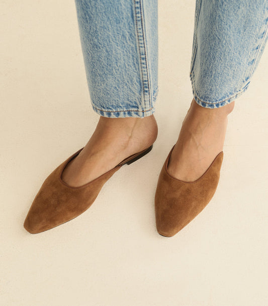 Adair Slide – Tortoise Suede Almond-Toe Flat