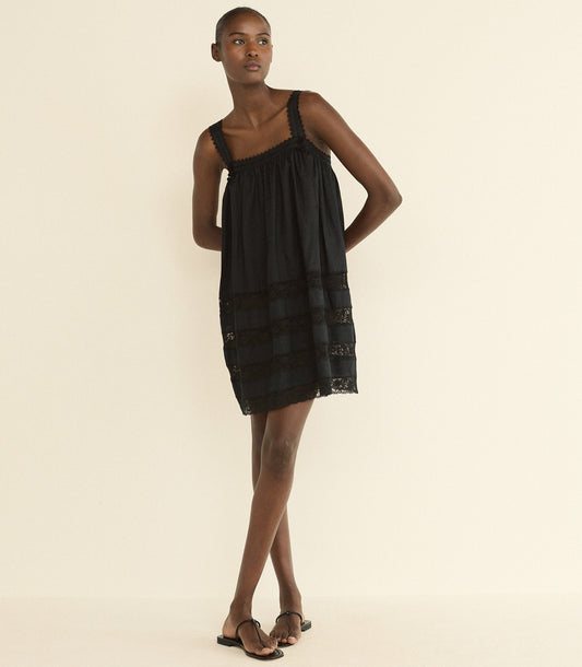 Aloise Lace-Trim Ramie Mini Dress – Black