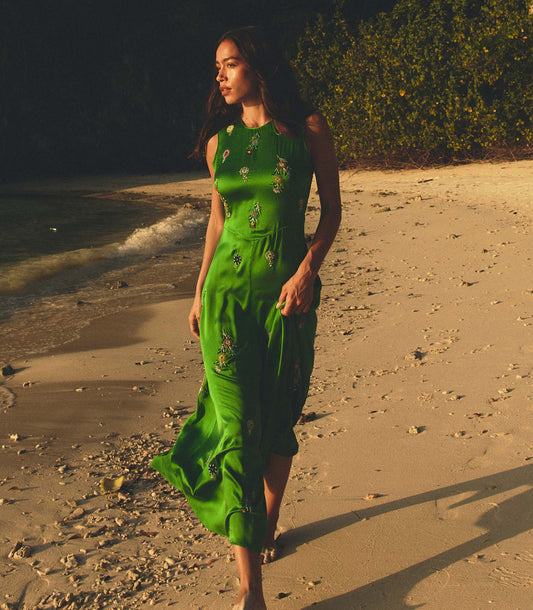 Amari Silk Satin Hand-Beaded Midi Dress – Emerald