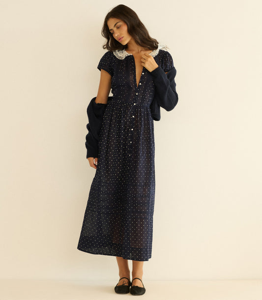 Amérie Organic Cotton Voile Tiered Dress – Navy Flock Dot