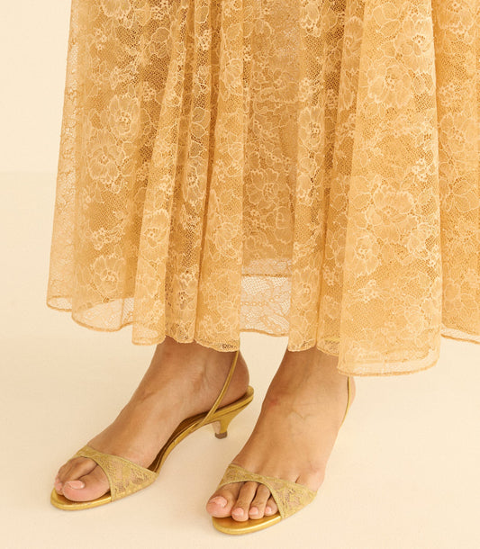 Amra Kitten Heel – Gold Metallic Lace Ankle Strap
