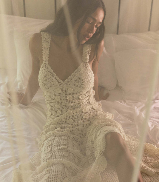 Aristea Dress in Pearl | Hand-Crocheted Maxi Dress