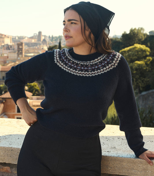Boniface 100% Cashmere Fair Isle Sweater – Navy