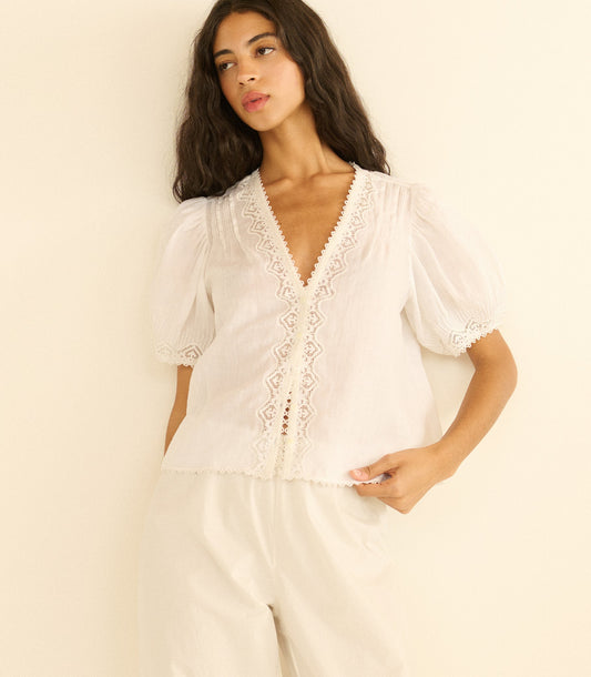 Brigitta Victorian Ramie Lace Top – Salt