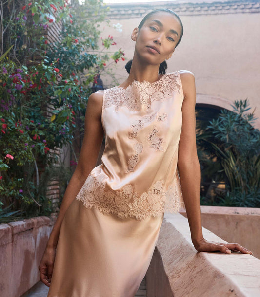 Viviane Top – Peach Sorbet | Silk Satin Lace Blouse