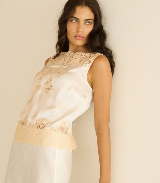 Viviane Top – Salt & Peach Lace | Silk Satin Blouse