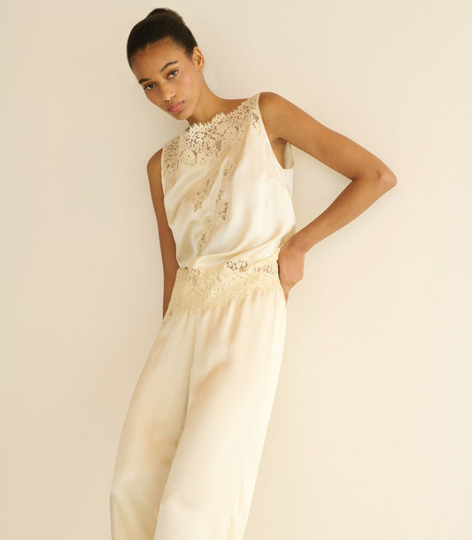 Viviane Top – Sea Salt | Sleeveless Silk Satin Lace Top