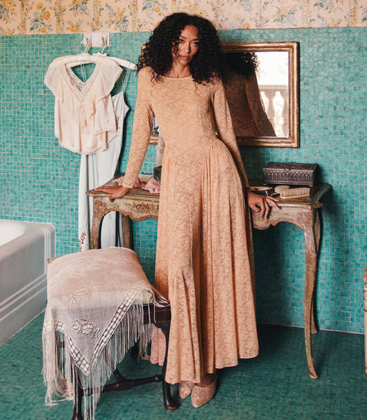 Wilhelmine Dress – Toasted Almond | Floral Lace Midi