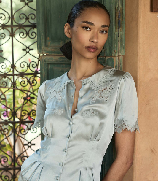 Yvette Silk Satin Lace Blouse – Eucalyptus